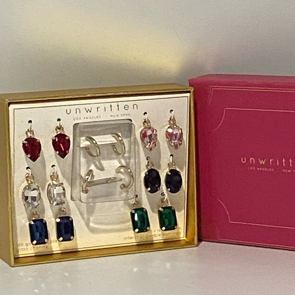 Unwritten 14k Gold Plated Interchangeable Hoop Earring Set Glass Charms 8pc